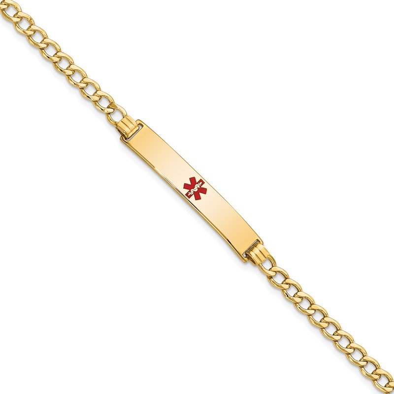 Quality Gold 14K Semi-Solid Medical Polished Red Enamel Curb ID Bracelet XM564CR