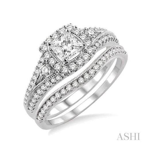 ASHI Princess Shape Halo Diamond Wedding Set 14792PPFHWG-WS