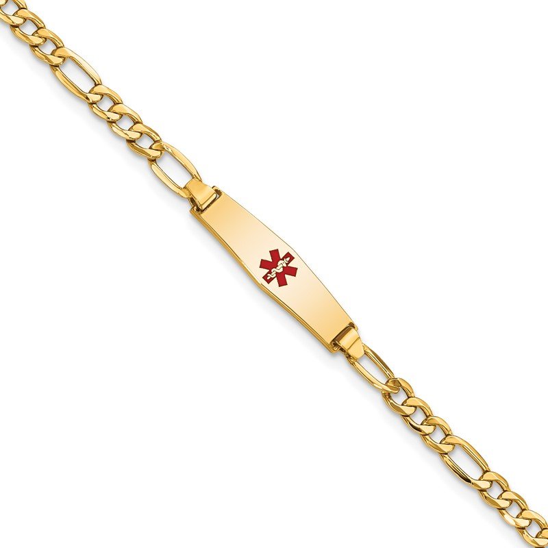 Quality Gold 14k Medical Semi-Solid Soft Diamond Shape Red Enamel Figaro ID Bracelet XM599CC