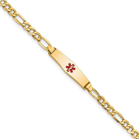 Quality Gold 14k Medical Semi-Solid Soft Diamond Shape Red Enamel Figaro ID Bracelet XM599CC