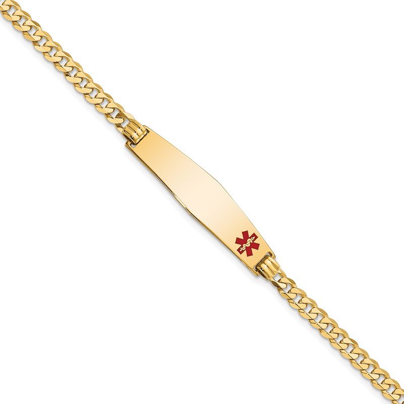 Quality Gold 14K Medical Soft Diamond Shape Red Enamel Flat Curb Link ID Bracelet XM561FC