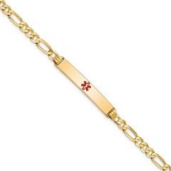 Quality Gold 14K Medical Red Enamel Flat Figaro Link ID Bracelet XM560CR