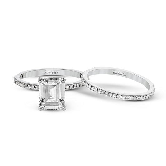 Emerald-cut Engagement Ring & Matching Wedding Band in 18k Gold with Diamonds PR108-EM WHITE 18K SET