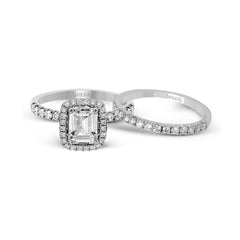 Emerald-cut Halo Engagement Ring & Matching Wedding Band in 18k Gold with Diamonds MR2132-EM_WHITE_18K_SET