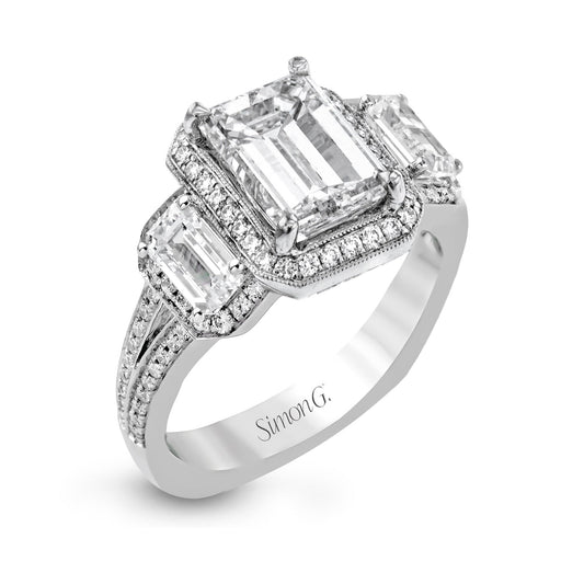 Emerald-Cut Three-Stone Halo Engagement Ring In 18k Gold With Diamonds TR446-EM WHITE 18K SEMI