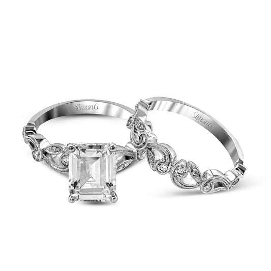 Emerald-cut Trellis Engagement Ring & Matching Wedding Band in 18k Gold with Diamonds TR473-EM WHITE 18K SET