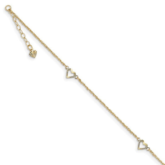 Quality Gold 14k Diamond-cut Hearts 9in Plus 1in ext Anklet ANK218-10