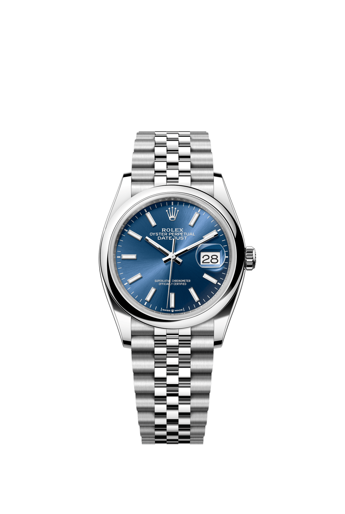 Rolex Oyster Perpetual Datejust 36 in Oystersteel features a bright blue dial and a Jubilee bracelet 126200-Blue