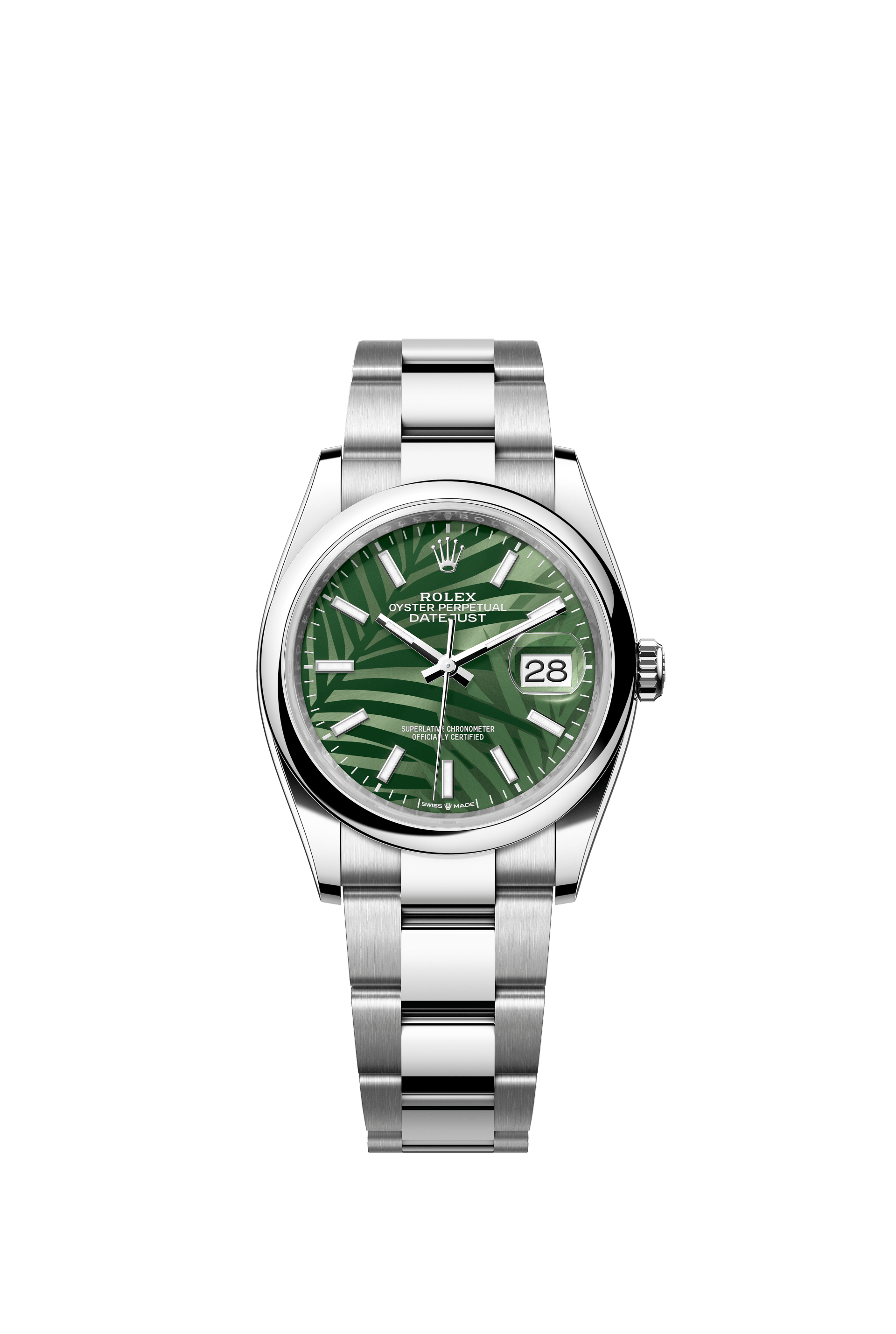 Rolex Oyster Perpetual Datejust 36 in Oystersteel features an olive-green, palm-motif dial and an Oyster bracelet 126200-Green