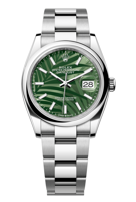 Rolex Oyster Perpetual Datejust 36 in Oystersteel features an olive-green, palm-motif dial and an Oyster bracelet 126200-Green