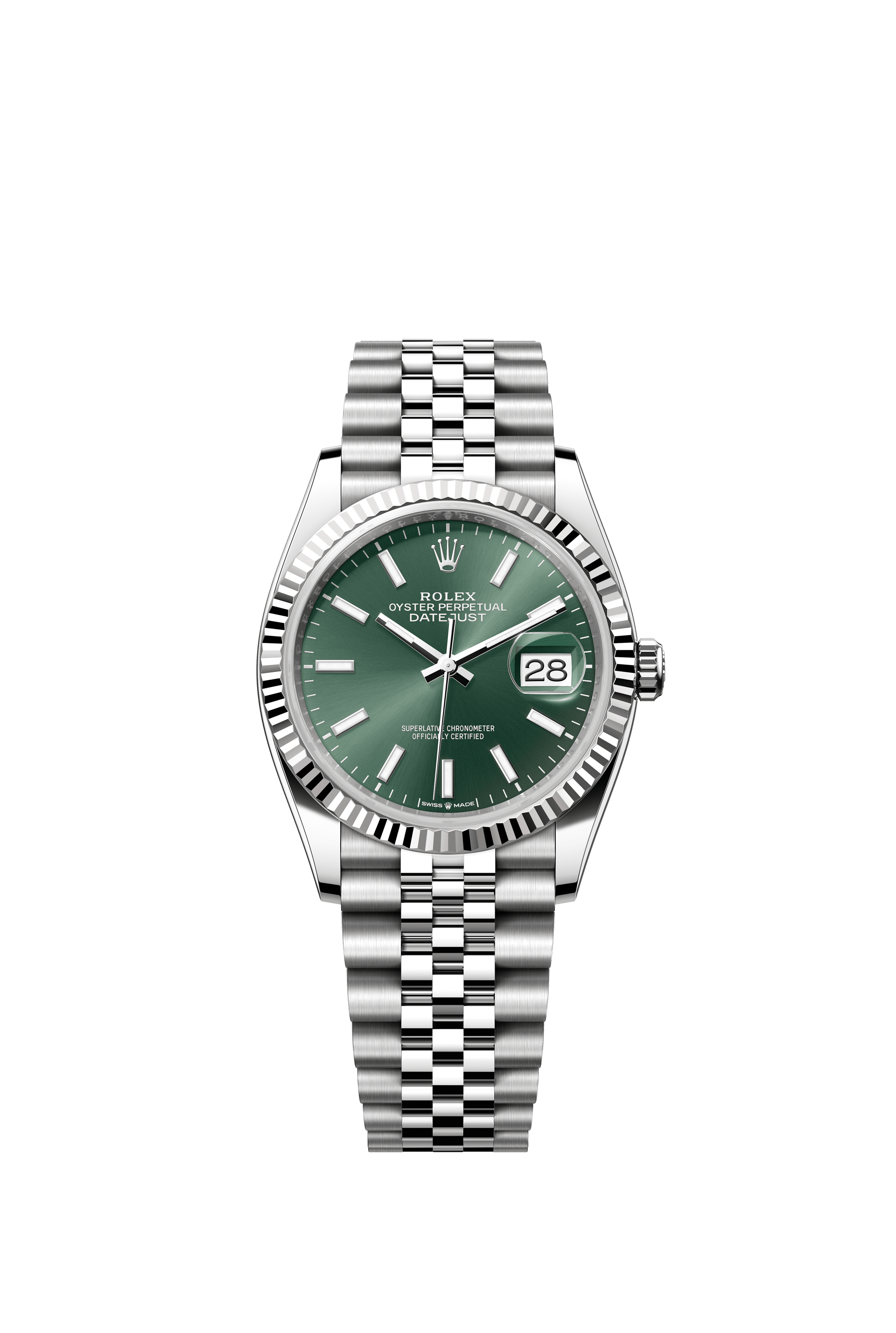 Rolex Oyster Perpetual Datejust 36 in Oystersteel and white gold features a mint green dial and a Jubilee bracelet. 126234-Green