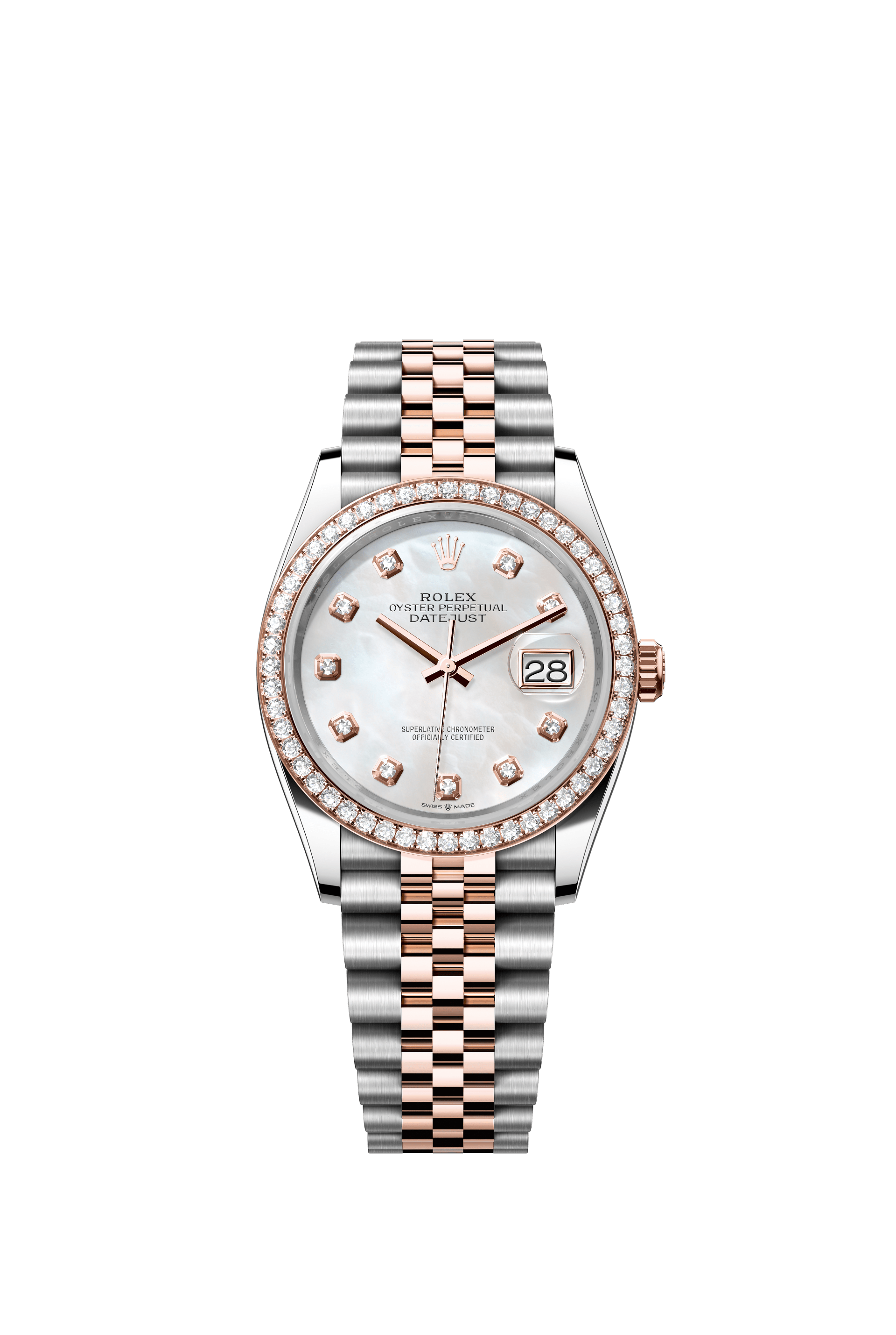 Rolex Oyster Perpetual Datejust 36 in Oystersteel and Everose gold features a white mother-of-pearl, diamond-set dial and a Jubilee bracelet 126281RBR-Mother of Pearl