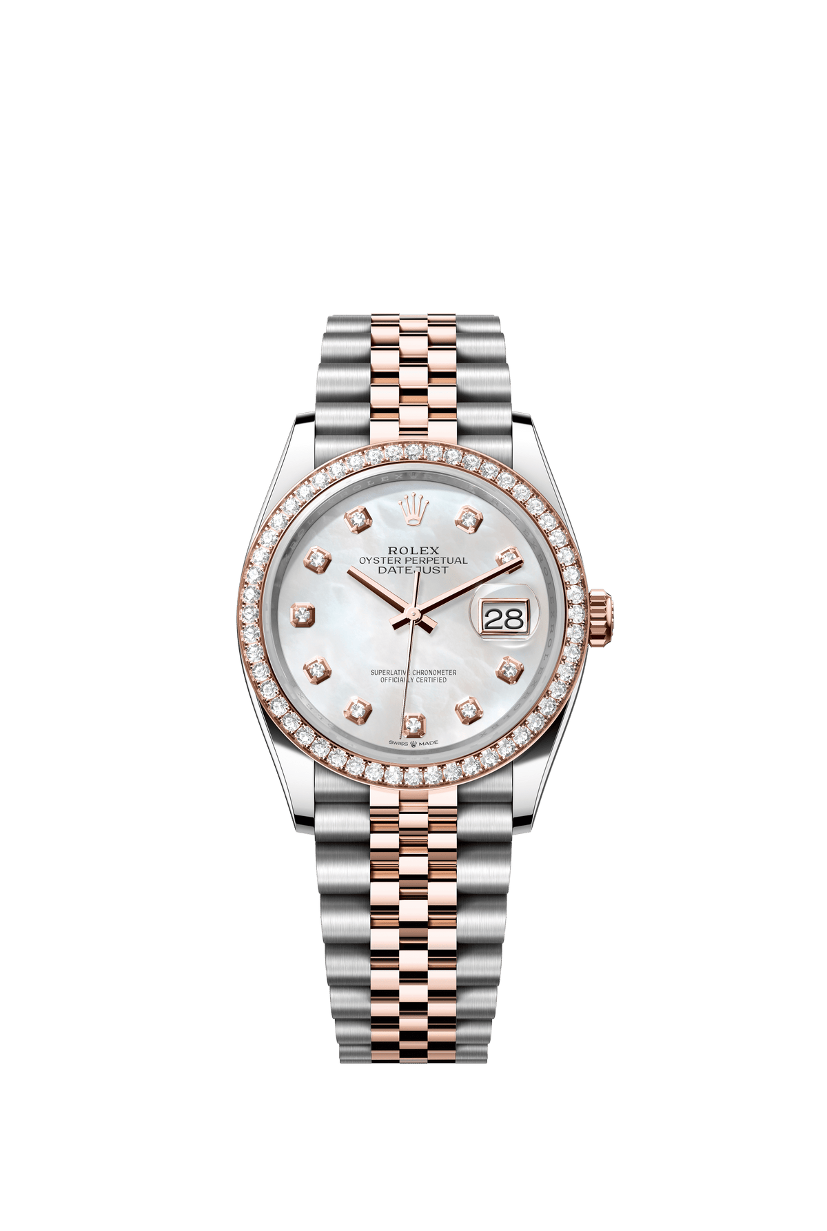 Rolex Oyster Perpetual Datejust 36 in Oystersteel and Everose gold features a white mother-of-pearl, diamond-set dial and a Jubilee bracelet 126281RBR-Mother of Pearl