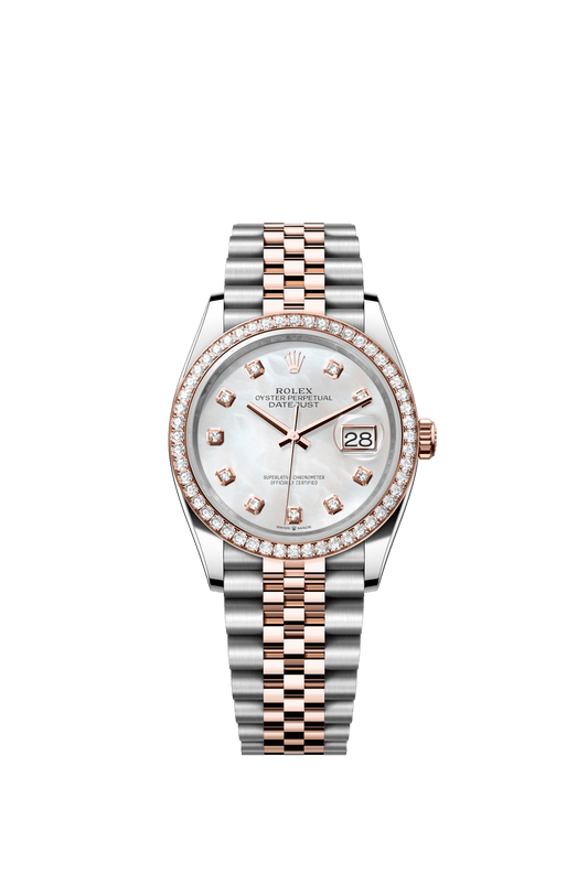 Rolex Oyster Perpetual Datejust 36 in Oystersteel and Everose gold features a white mother-of-pearl, diamond-set dial and a Jubilee bracelet 126281RBR-Mother of Pearl