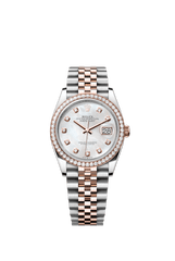 Rolex Oyster Perpetual Datejust 36 in Oystersteel and Everose gold features a white mother-of-pearl, diamond-set dial and a Jubilee bracelet 126281RBR-Mother of Pearl