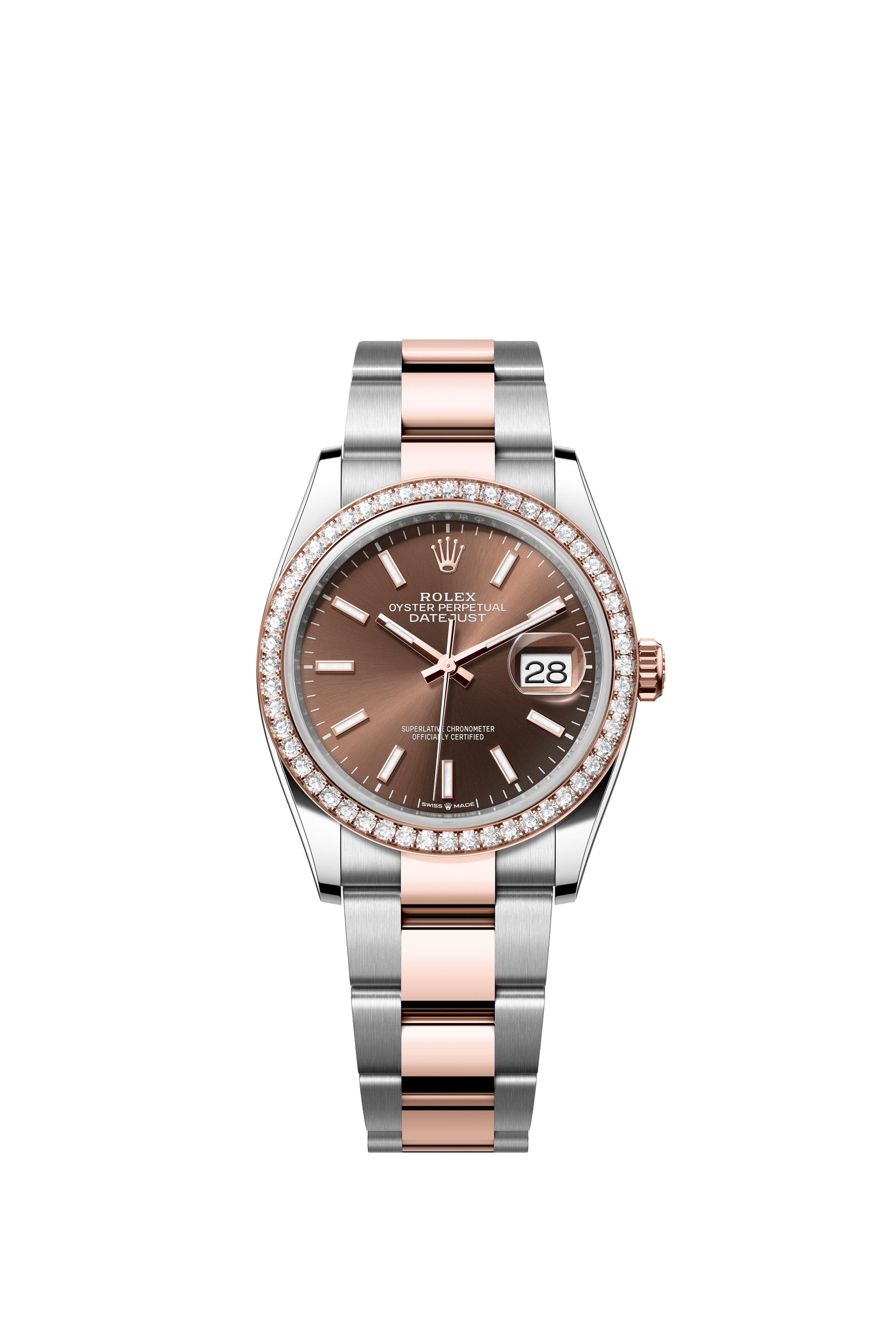 Rolex Oyster Perpetual Datejust 36 in Oystersteel and Everose gold features a chocolate dial and an Oyster bracelet 126281RBR-Choclate