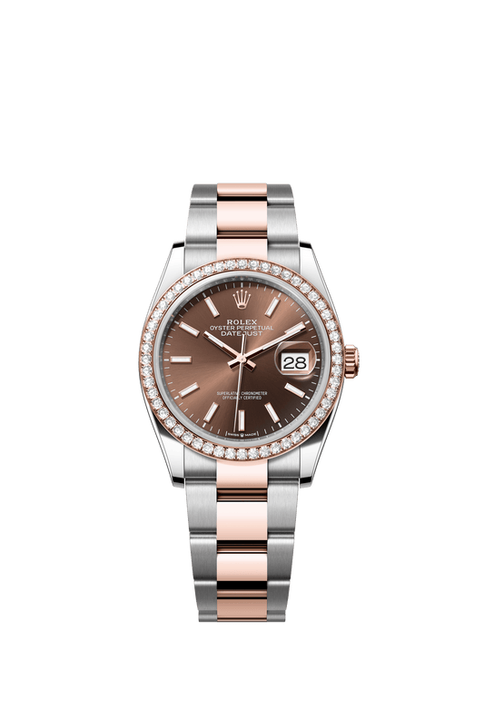 Rolex Oyster Perpetual Datejust 36 in Oystersteel and Everose gold features a chocolate dial and an Oyster bracelet 126281RBR-Choclate