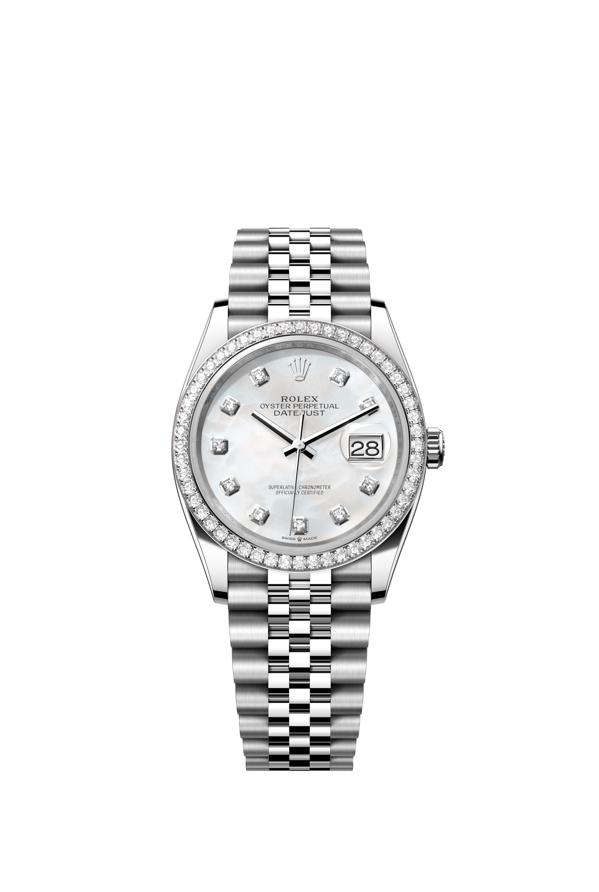 Rolex Oyster Perpetual Datejust 36 in Oystersteel and white gold features a white mother-of-pearl, diamond-set dial and a Jubilee bracelet 126284RBR