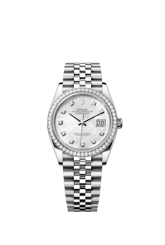 Rolex Oyster Perpetual Datejust 36 in Oystersteel and white gold features a white mother-of-pearl, diamond-set dial and a Jubilee bracelet 126284RBR