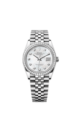 Rolex Oyster Perpetual Datejust 36 in Oystersteel and white gold features a white mother-of-pearl, diamond-set dial and a Jubilee bracelet 126284RBR