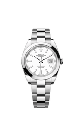 Rolex Oyster Perpetual Datejust 41 in Oystersteel features a white dial and an Oyster bracelet 126300-White