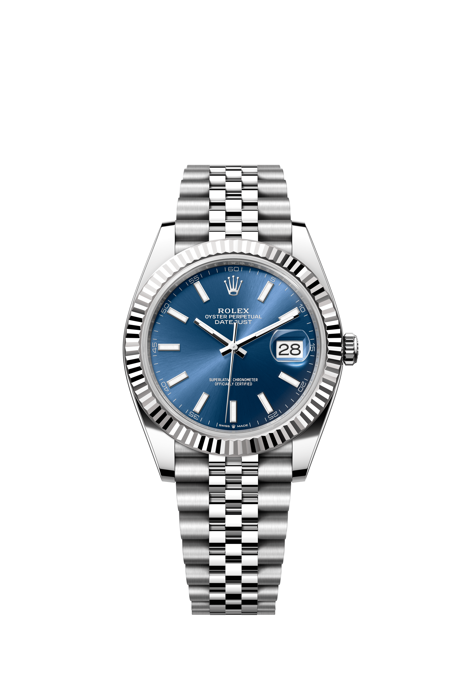 Rolex Oyster Perpetual Datejust 41 in Oystersteel and white gold features a bright blue dial and a Jubilee bracelet 126334-Blue