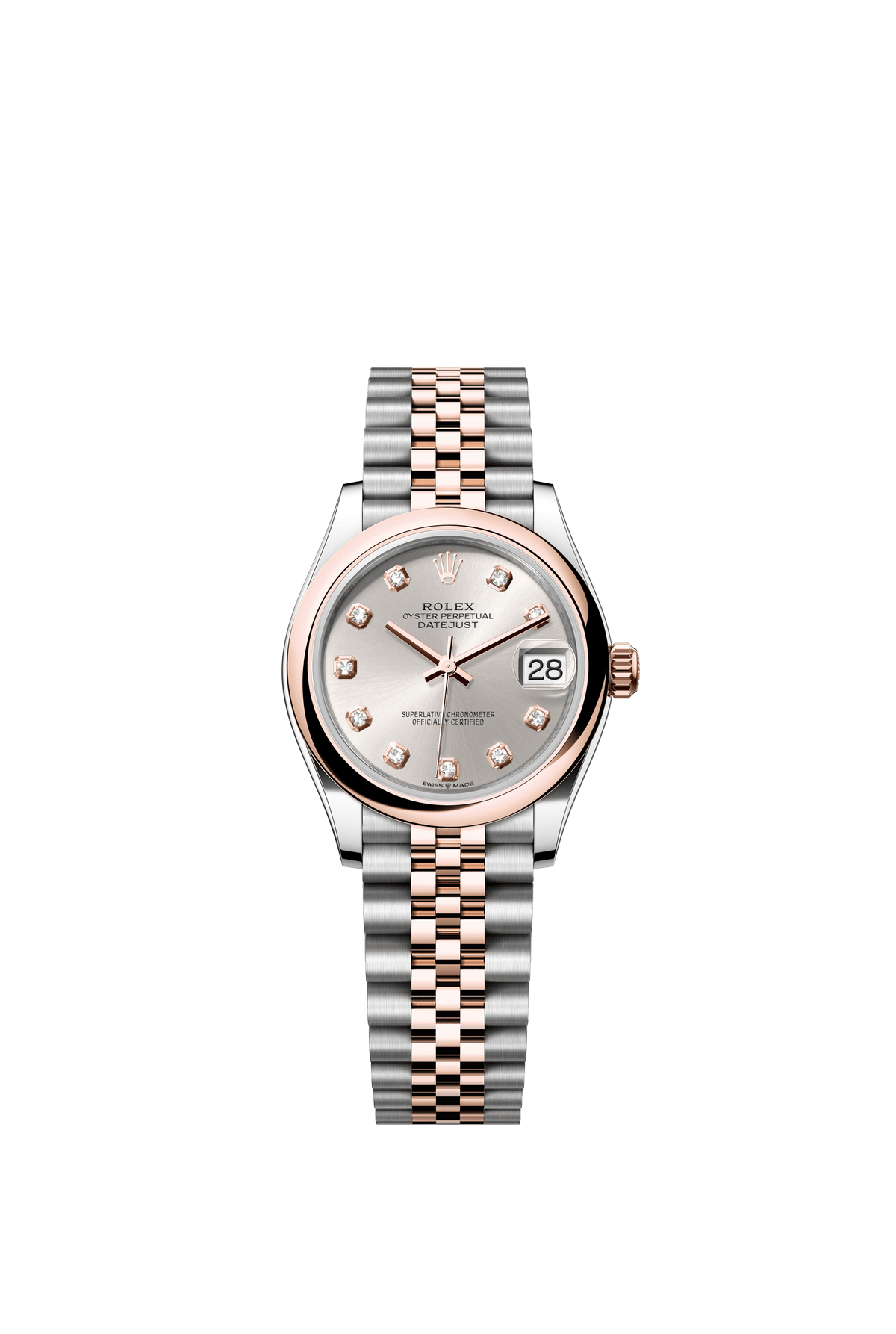 Rolex Oyster Perpetual Datejust 31 in Oystersteel and Everose gold features a silver, diamond-set dial and a Jubilee bracelet 278241-Silver 1