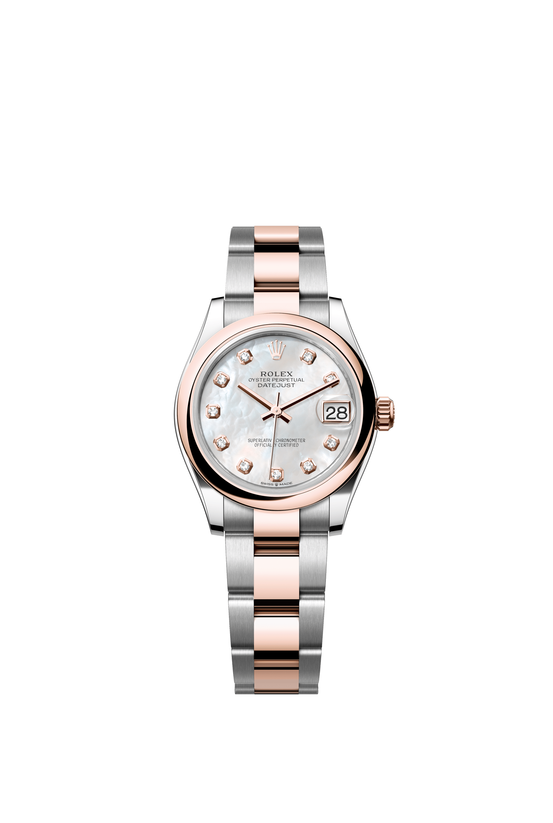 Rolex Oyster Perpetual Datejust 31 in Oystersteel and Everose gold features a white mother-of-pearl, diamond-set dial and an Oyster bracelet 278241-Mother of Pearl