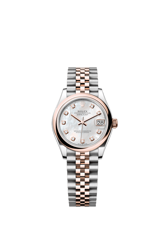 Rolex Oyster Perpetual Datejust 31 in Oystersteel and Everose gold features a white mother-of-pearl, diamond-set dial and a Jubilee bracelet. 278241-Mother of Pearl 1