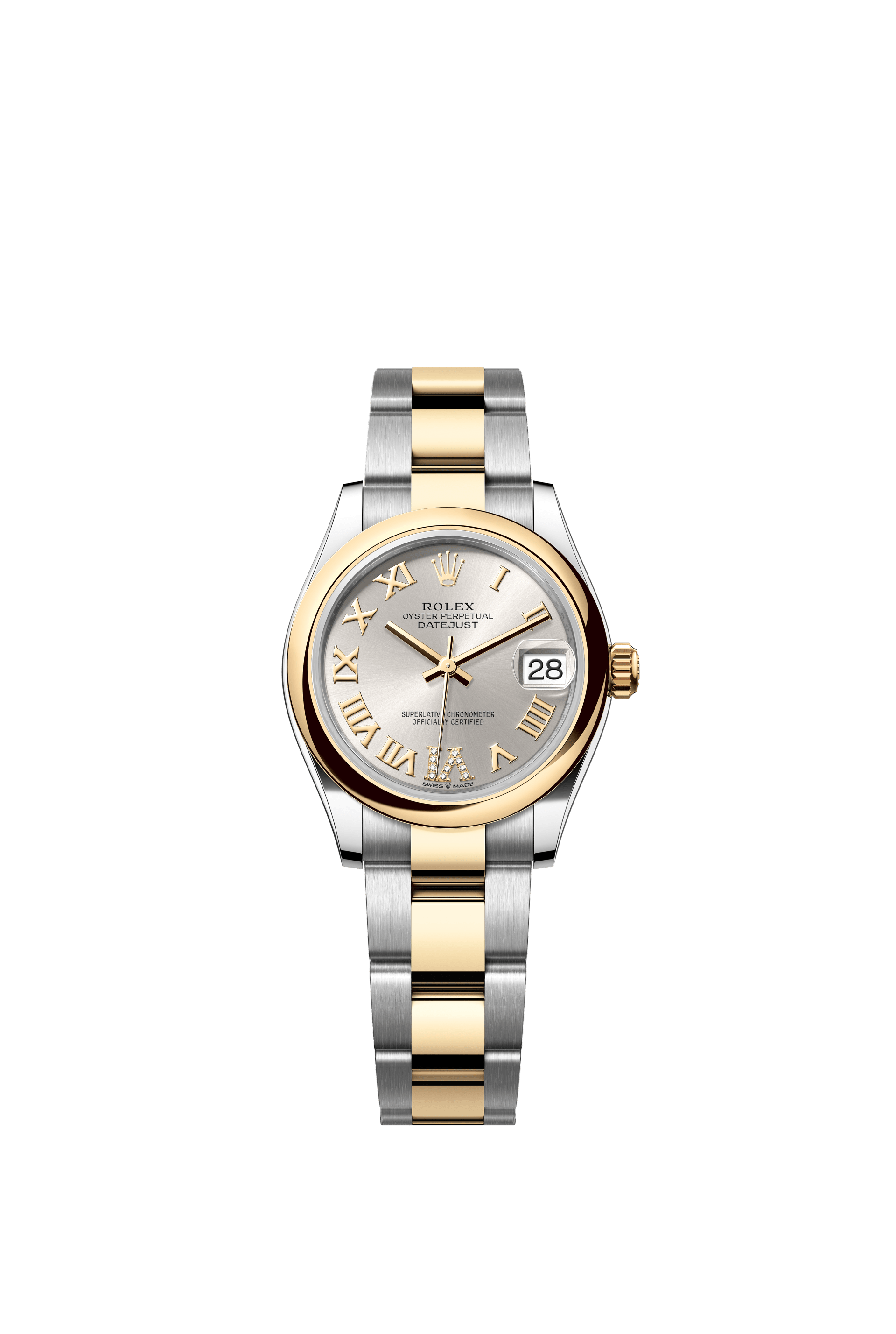 Rolex Oyster Perpetual Datejust 31 in Oystersteel and yellow gold features a silver, diamond-set dial and an Oyster bracelet. 278243-Silver