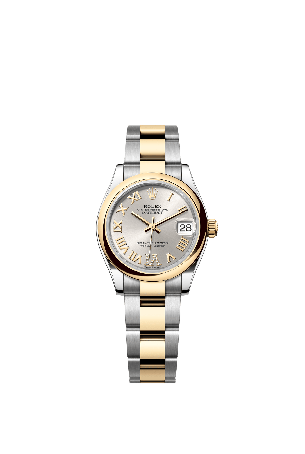 Rolex Oyster Perpetual Datejust 31 in Oystersteel and yellow gold features a silver, diamond-set dial and an Oyster bracelet. 278243-Silver