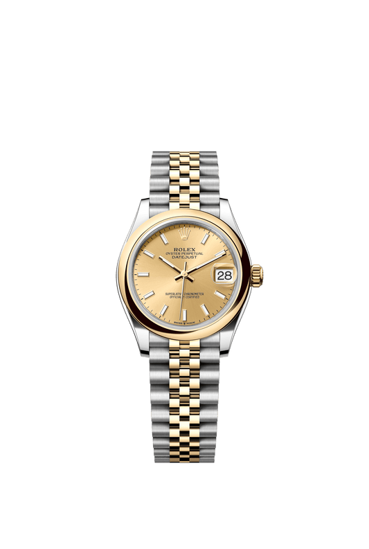 Rolex Oyster Perpetual Datejust 31 in Oystersteel and yellow gold features a champagne-colour dial and a Jubilee bracelet. 278243-Champagne 1