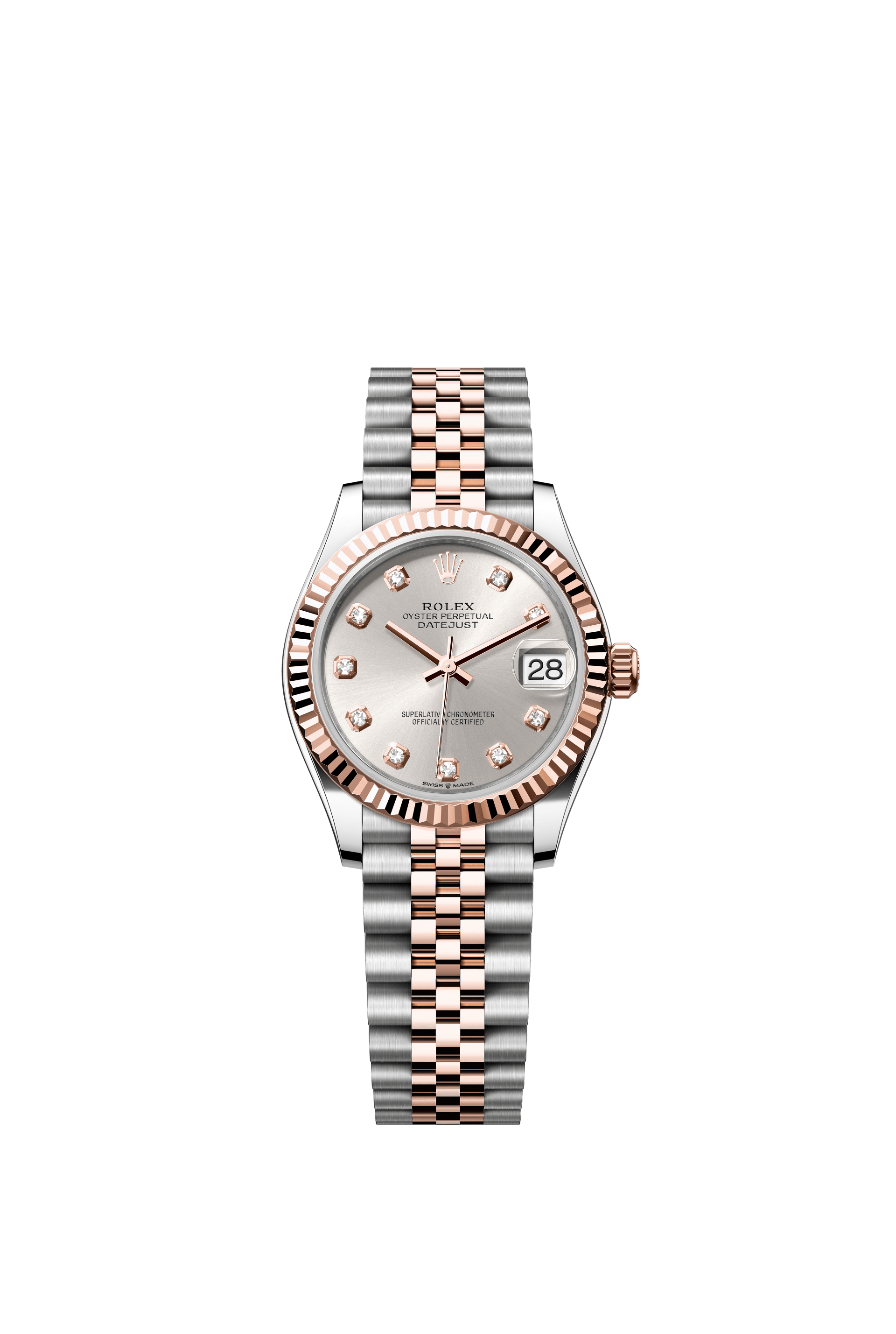 Rolex Oyster Perpetual Datejust 31 in Oystersteel and Everose gold features a silver, diamond-set dial and a Jubilee bracelet 278271-Silver