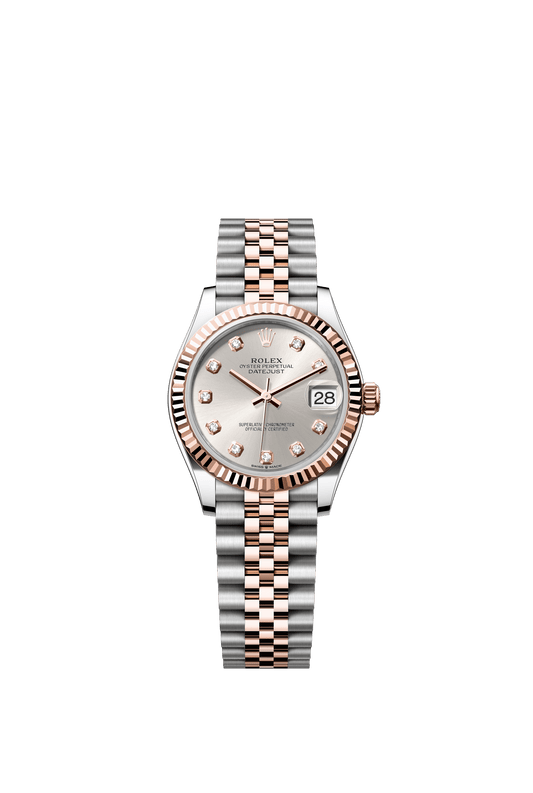 Rolex Oyster Perpetual Datejust 31 in Oystersteel and Everose gold features a silver, diamond-set dial and a Jubilee bracelet 278271-Silver