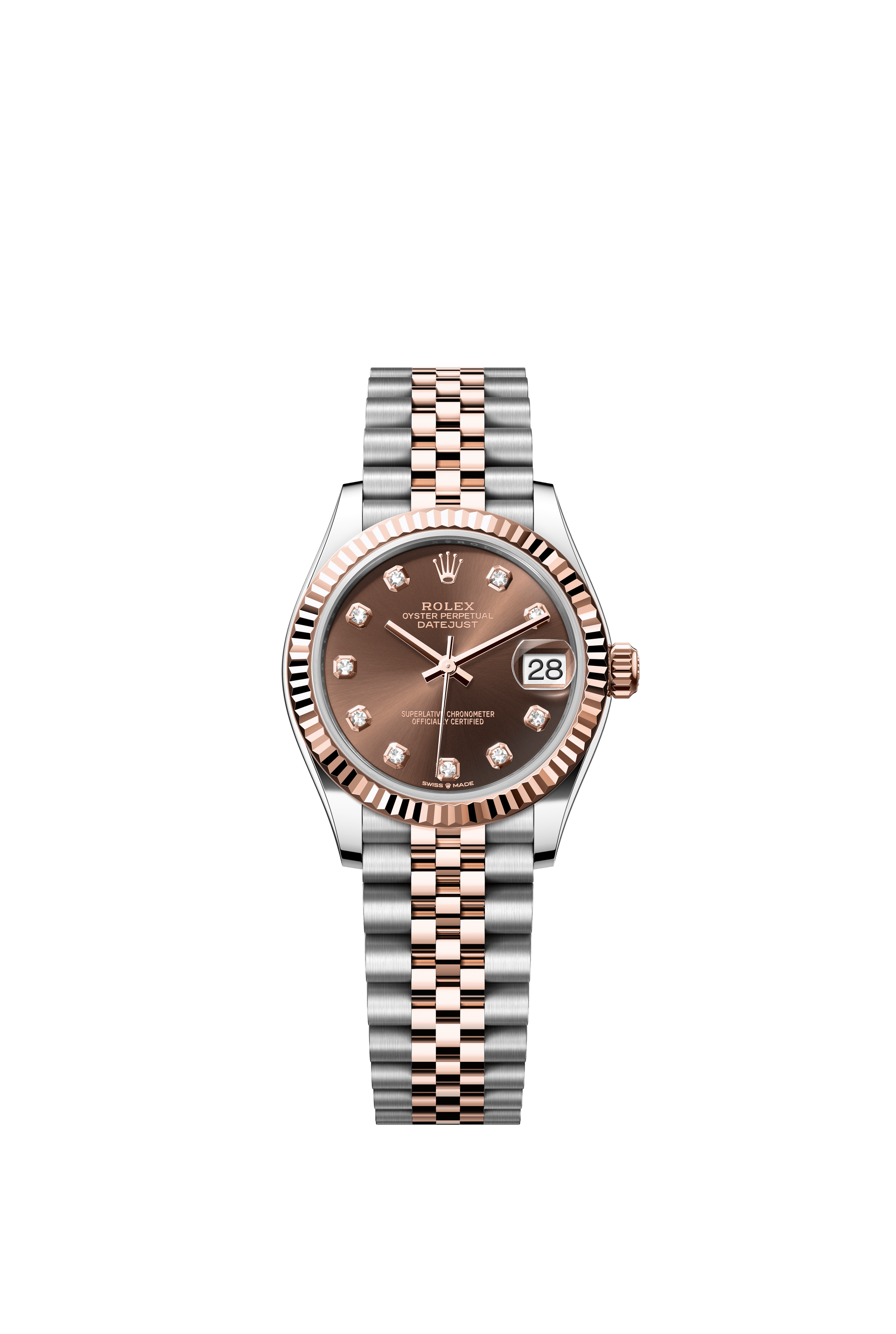 Rolex Oyster Perpetual Datejust 31 in Oystersteel and Everose gold features a chocolate, diamond-set dial and a Jubilee bracelet 278271-Chocolate