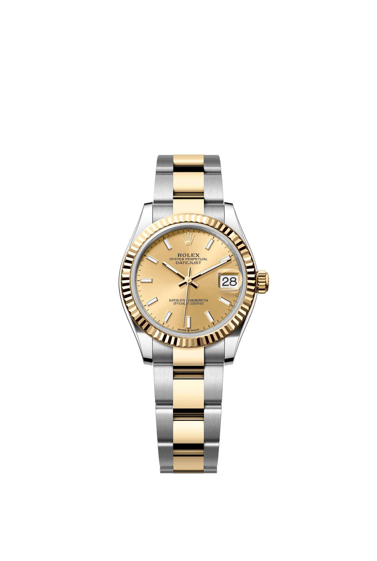 Rolex Oyster Perpetual Datejust 31 in Oystersteel and yellow gold features a champagne-colour dial and an Oyster bracelet. 278273-Champagne