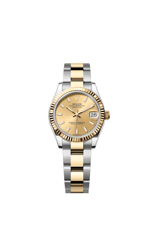 Rolex Oyster Perpetual Datejust 31 in Oystersteel and yellow gold features a champagne-colour dial and an Oyster bracelet. 278273-Champagne