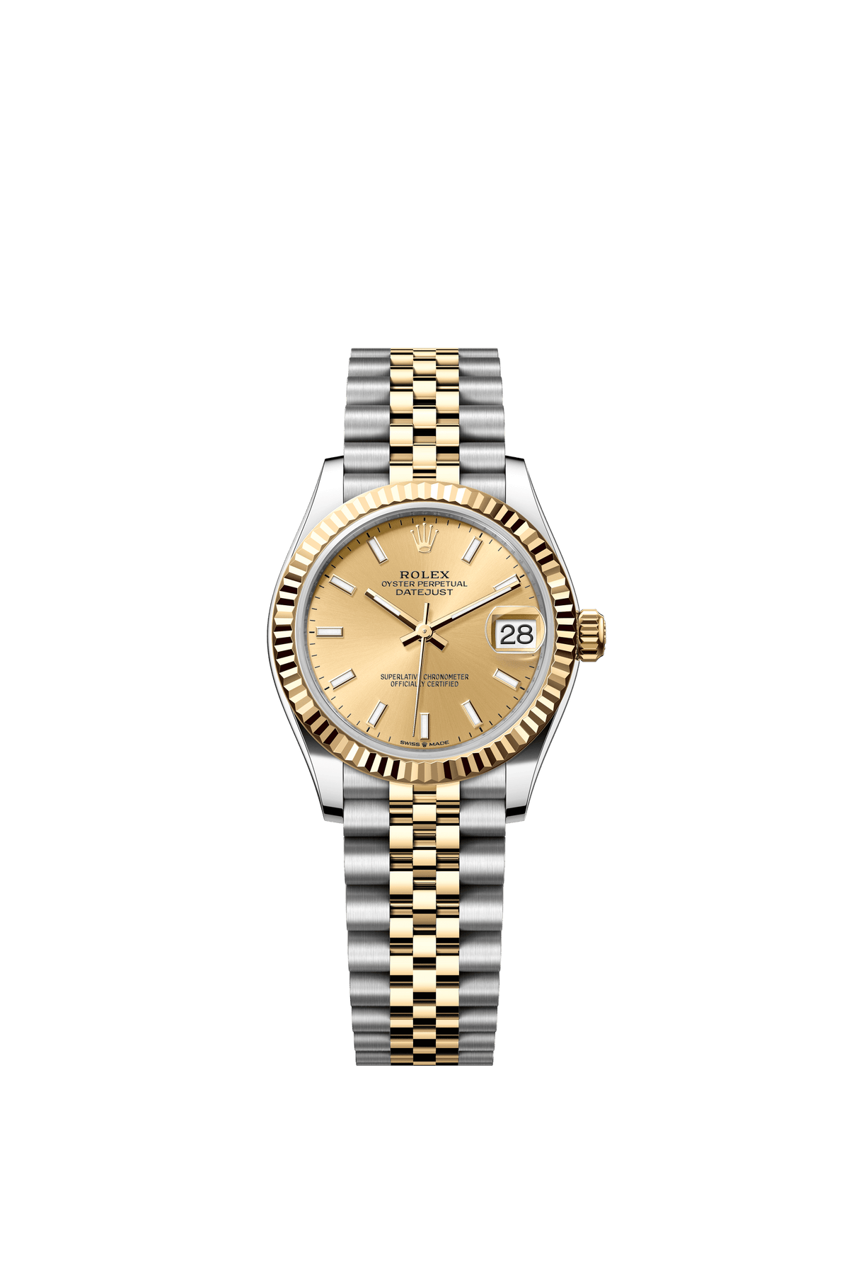 Rolex Oyster Perpetual Datejust 31 in Oystersteel and yellow gold features a champagne-colour dial and a Jubilee bracelet. 278273-Champagne 1