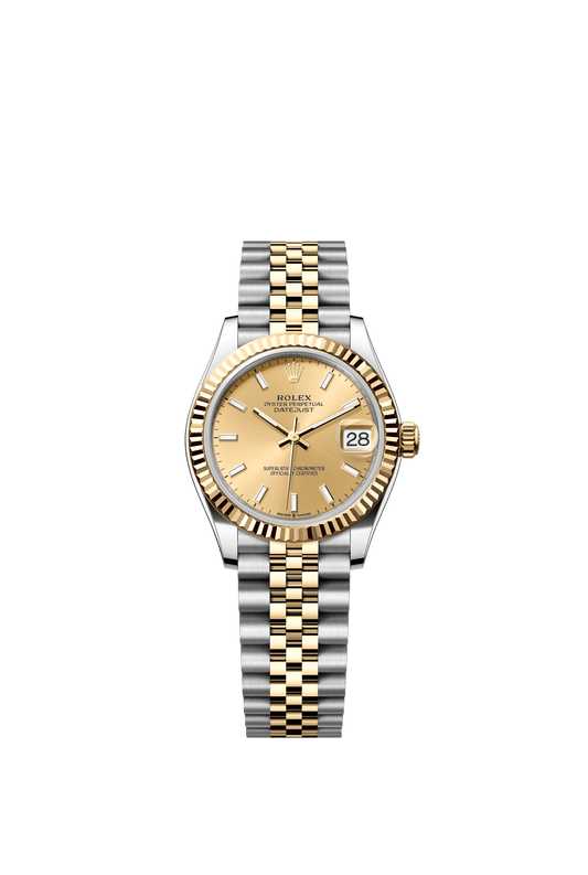 Rolex Oyster Perpetual Datejust 31 in Oystersteel and yellow gold features a champagne-colour dial and a Jubilee bracelet. 278273-Champagne 1