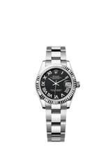 Rolex Oyster Perpetual Datejust 31 in Oystersteel and white gold features a bright black dial and an Oyster bracelet. 278274-Black