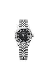 Rolex Oyster Perpetual Datejust 31 in Oystersteel and white gold features a bright black dial and a Jubilee bracelet. 278274-Black 1