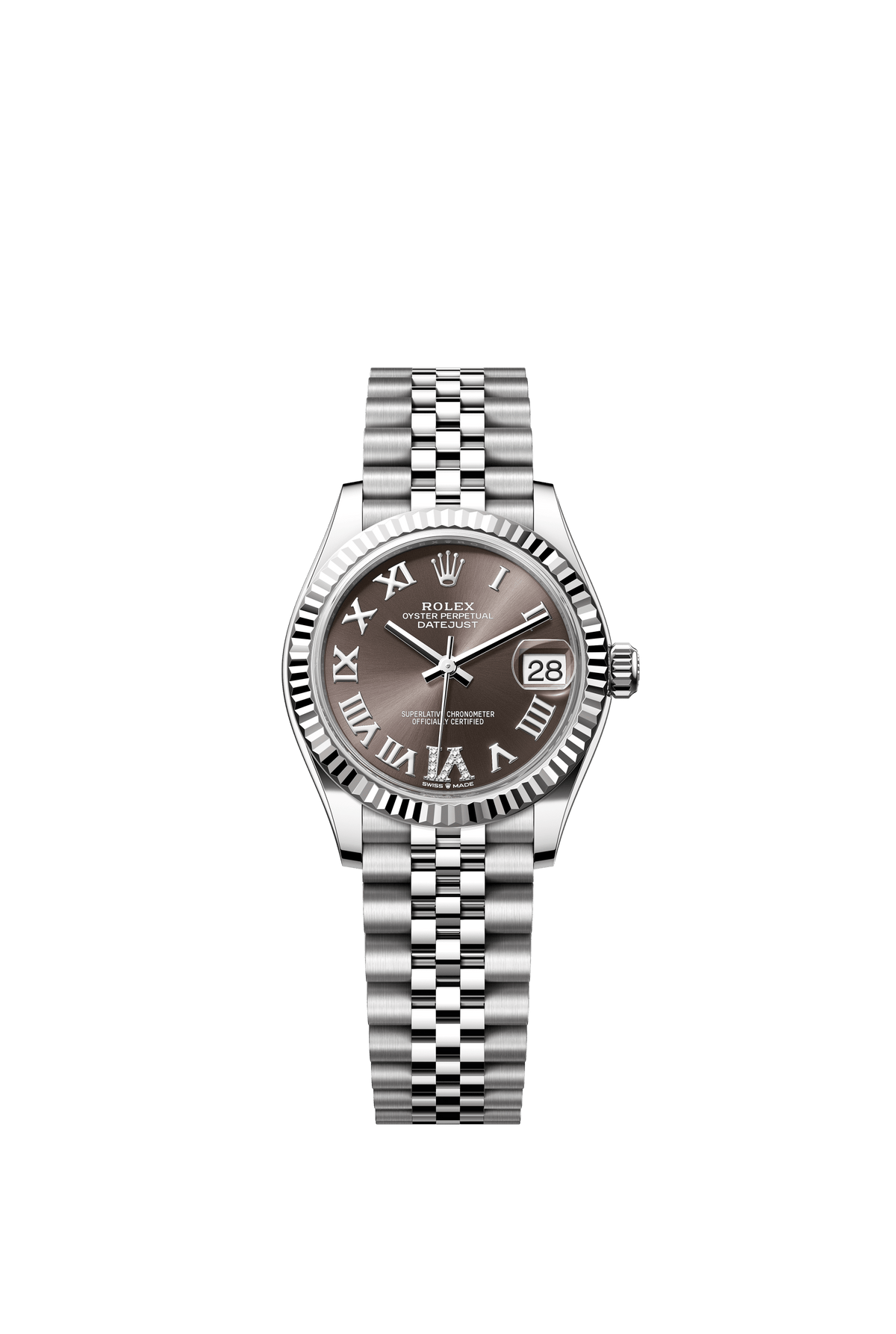 Rolex Oyster Perpetual Datejust 31 in Oystersteel and white gold features a dark grey, diamond-set dial and a Jubilee bracelet 278274-Grey