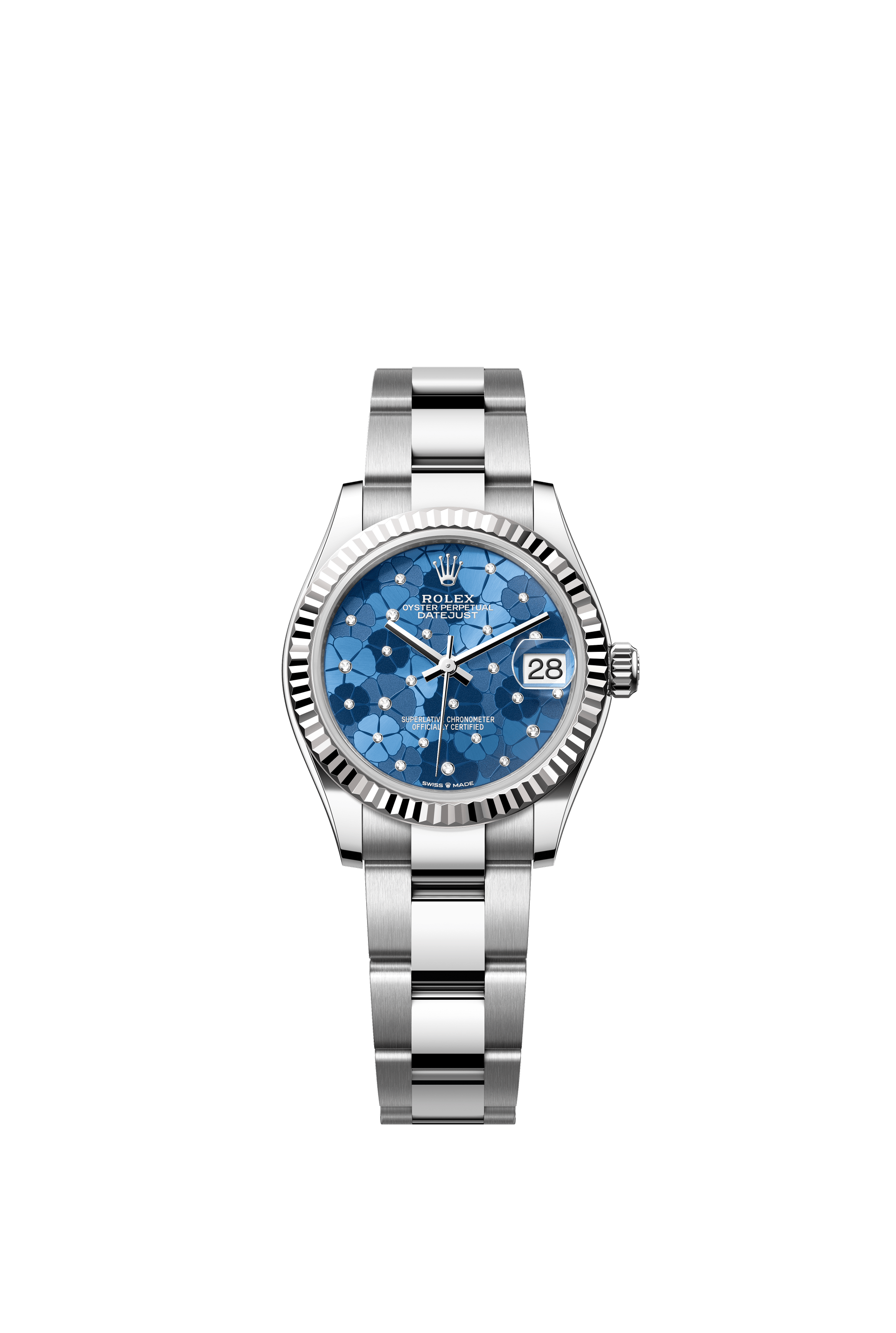 Rolex Oyster Perpetual Datejust 31 in Oystersteel and white gold features an azzurro-blue floral-motif, diamond-set dial and an Oyster bracelet 278274-Blue