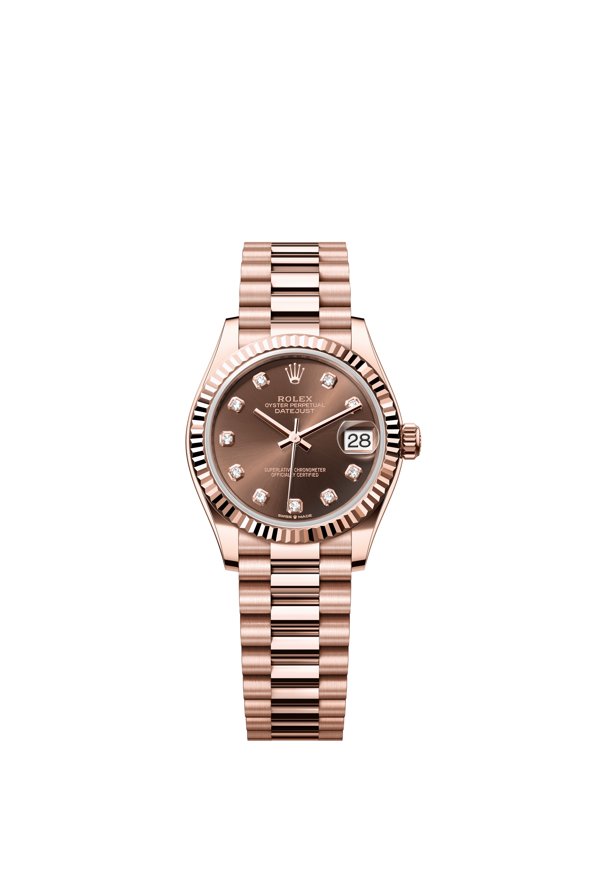 Rolex Oyster Perpetual Datejust 31 in 18 ct Everose gold features a chocolate, diamond-set dial and a President bracelet 278275-Chocolate