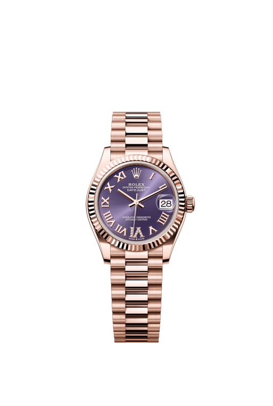 Rolex Oyster Perpetual Datejust 31 in 18 ct Everose gold features an aubergine, diamond-set dial and a President bracelet 278275- Aubergine