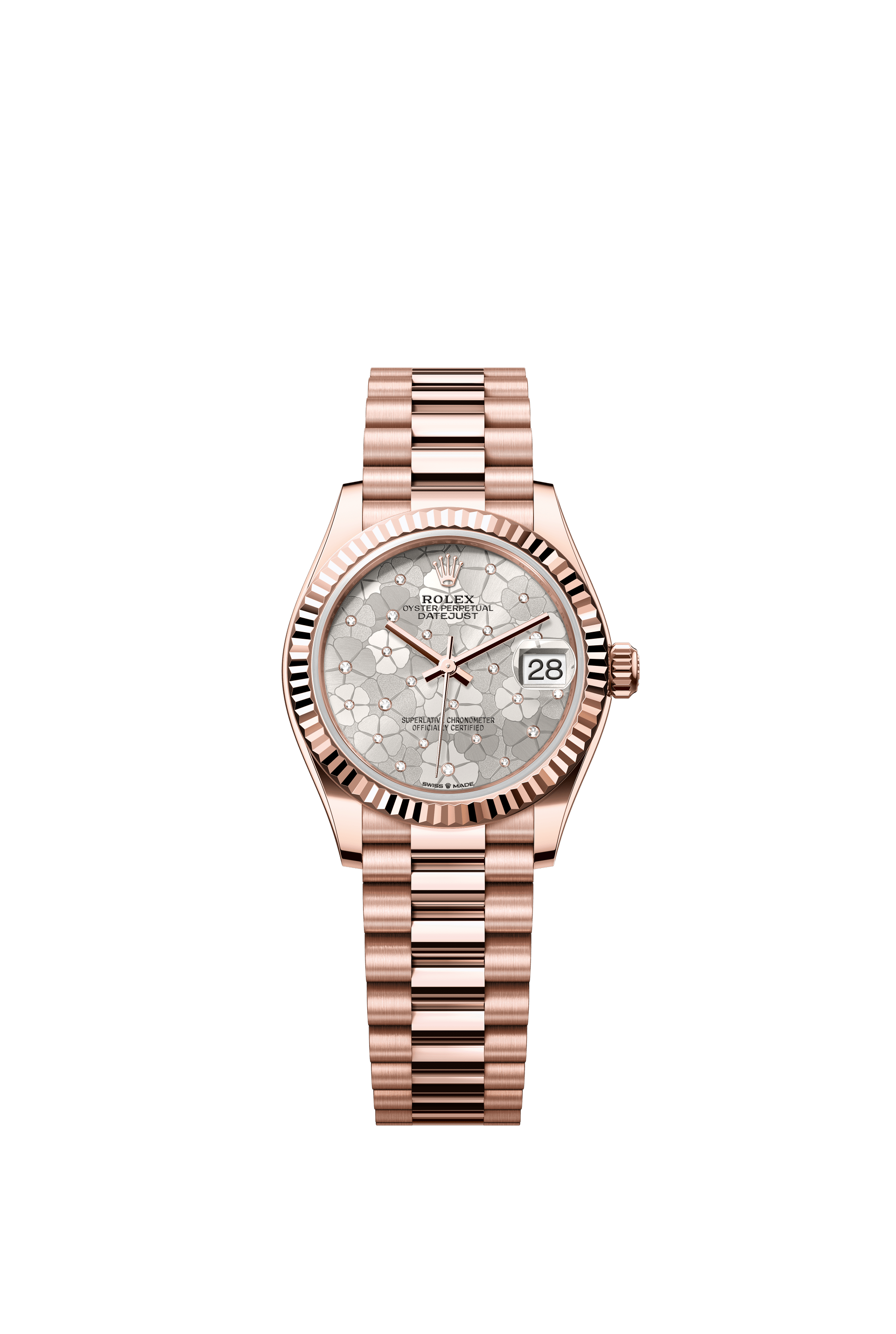 Rolex Oyster Perpetual Datejust 31 in 18 ct Everose gold features a silver floral-motif, diamond-set dial and a President bracelet 278275-Silver