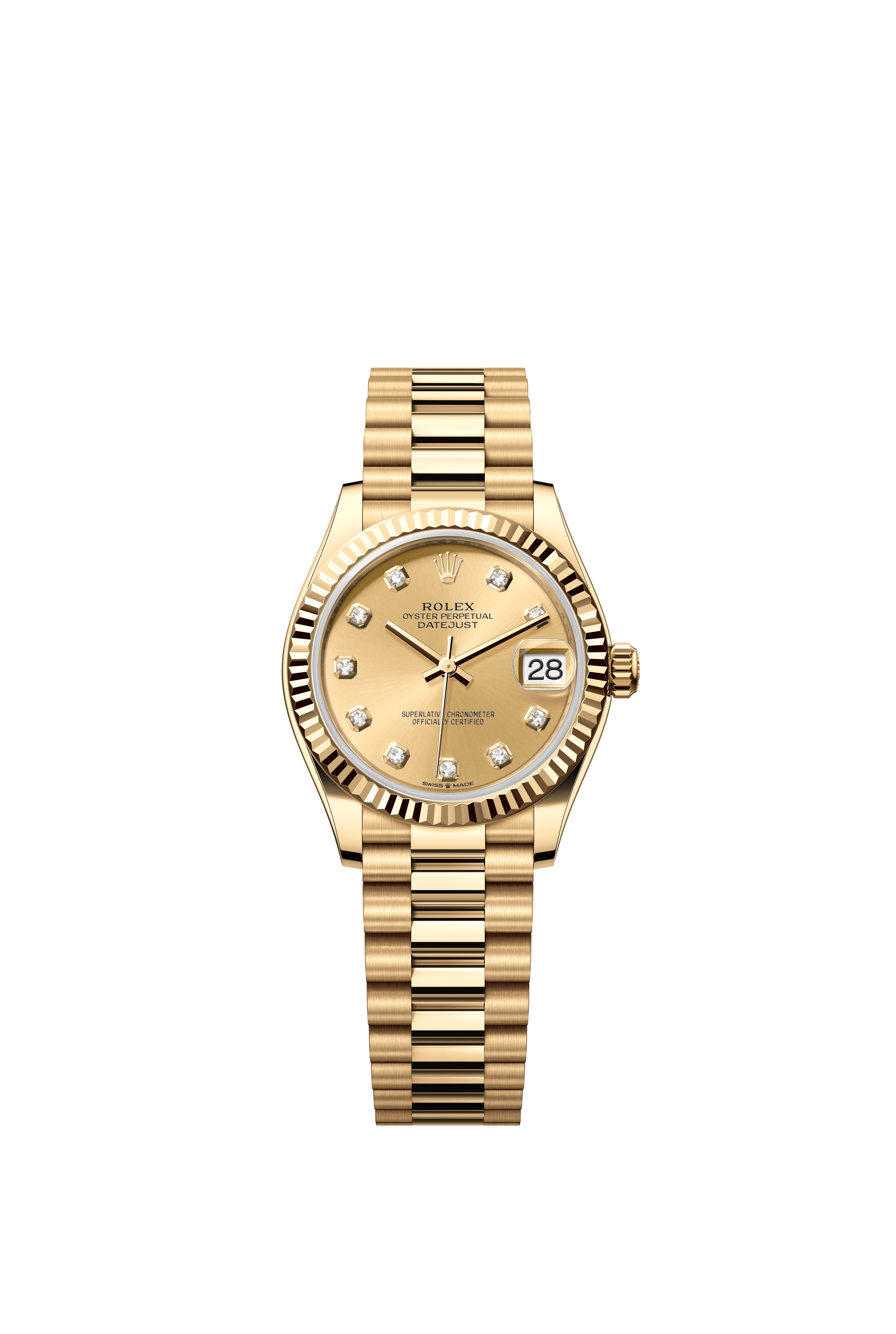 Rolex Oyster Perpetual Datejust 31 in 18 ct yellow gold features a champagne colour, diamond-set dial and a President bracelet 278278-Champagne