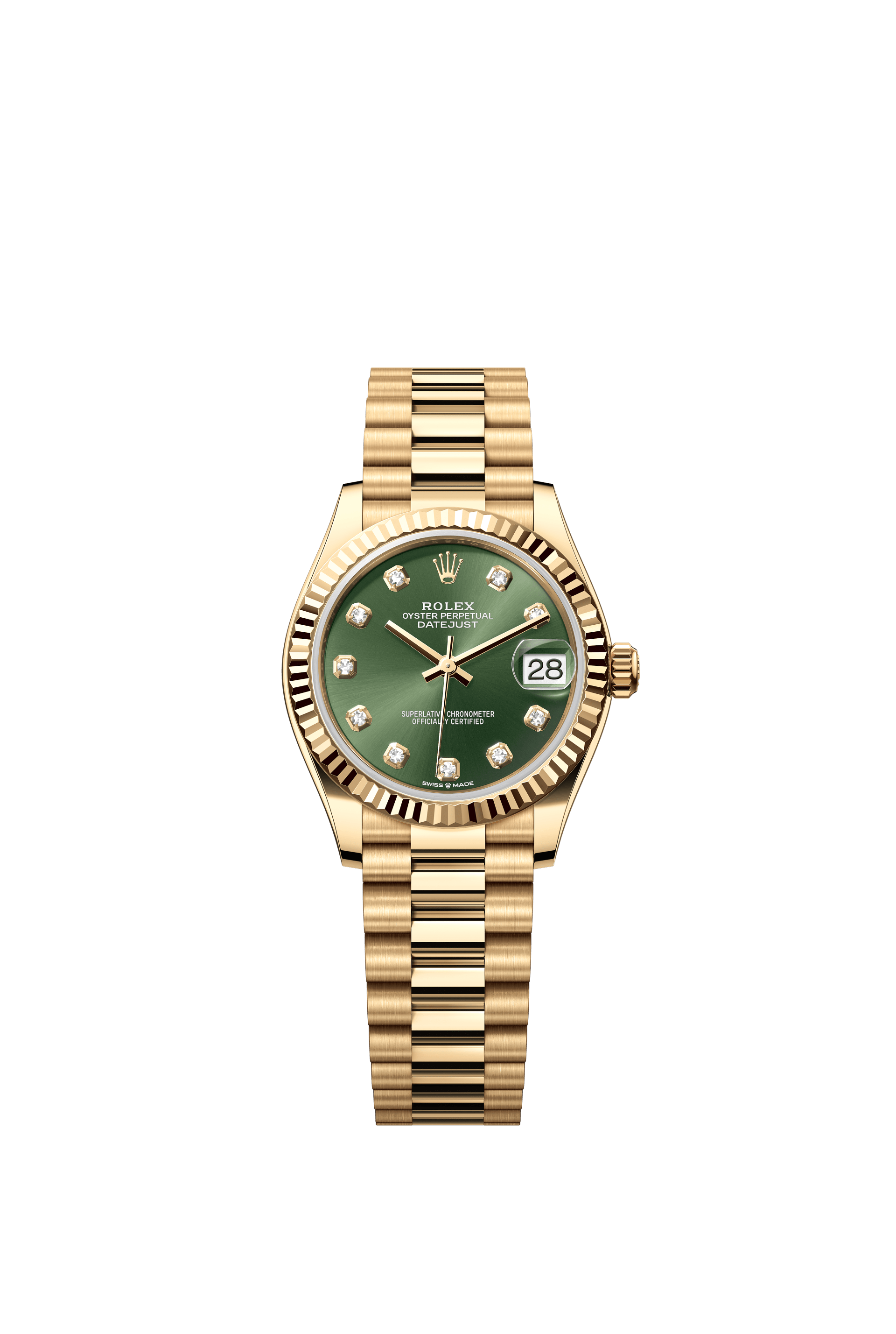 Rolex Oyster Perpetual Datejust 31 in 18 ct yellow gold features an olive-green, diamond-set dial and a President bracelet 278278-Green Diamond