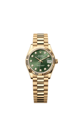 Rolex Oyster Perpetual Datejust 31 in 18 ct yellow gold features an olive-green, diamond-set dial and a President bracelet 278278-Green Diamond