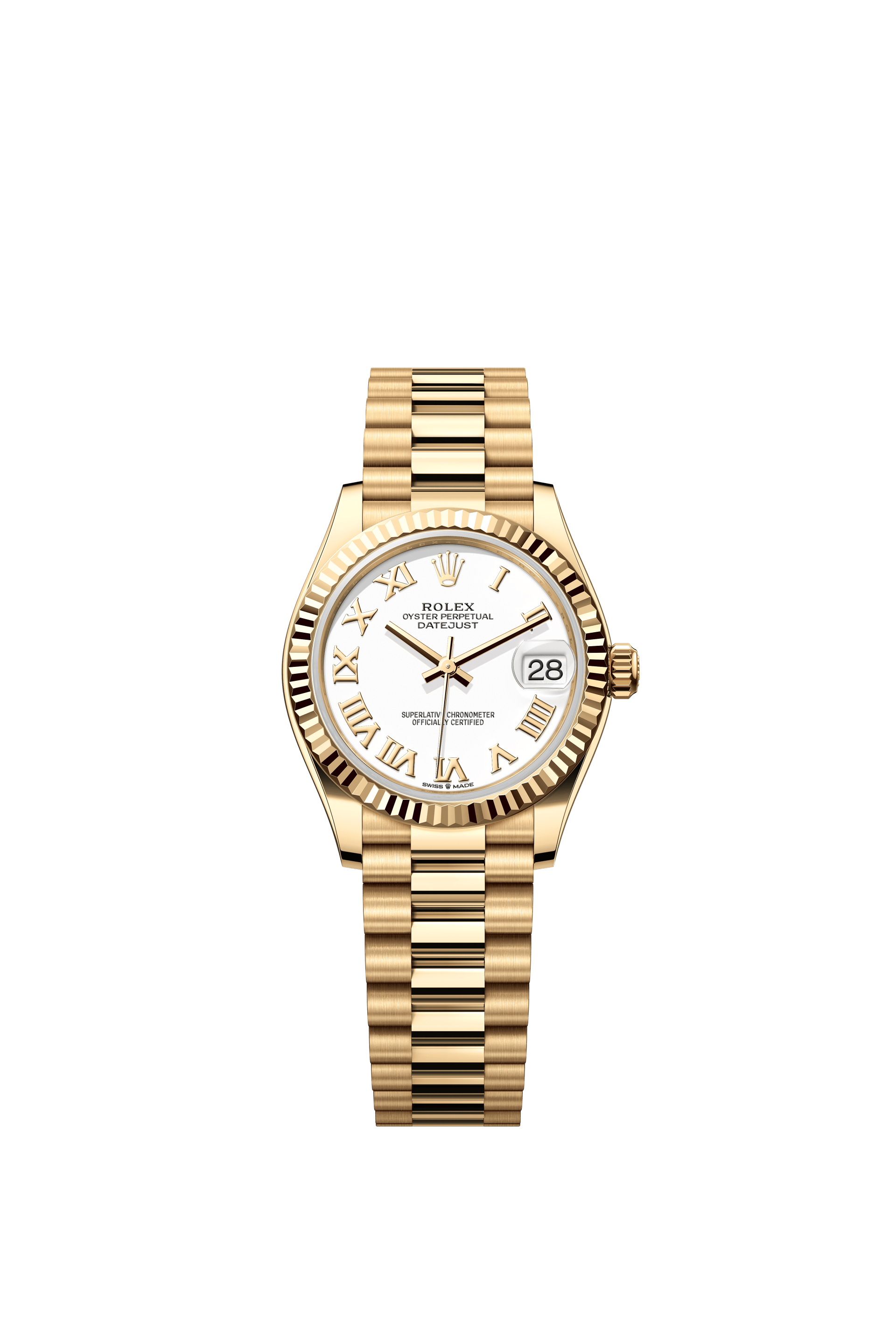 Rolex Oyster Perpetual Datejust 31 in 18 ct yellow gold features a white dial and a President bracelet 278278-White